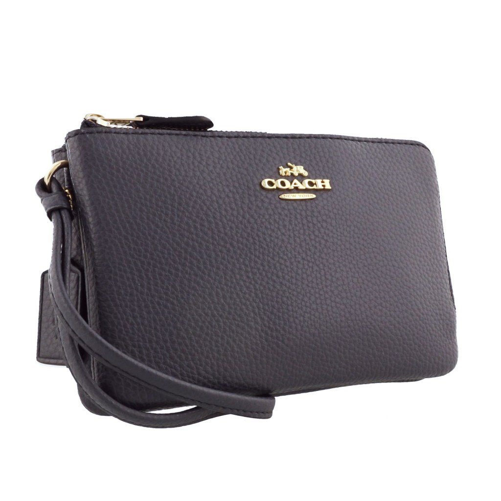 Coach Small Wristlet In Gift Box Double Corner Zip Wallet In Polished Pebble Leather Midnight Navy Dark Blue / Gold # F87590