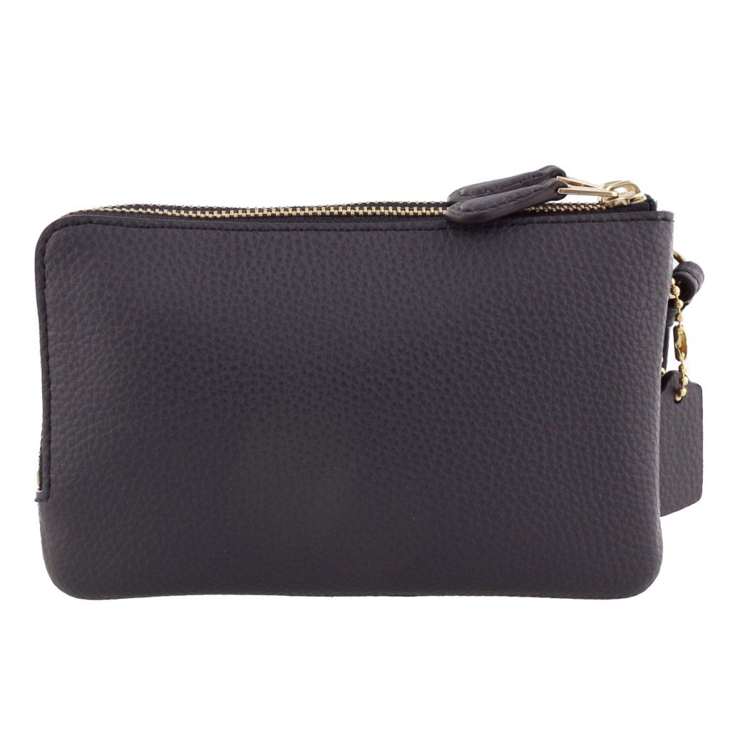 Coach Small Wristlet In Gift Box Double Corner Zip Wallet In Polished Pebble Leather Midnight Navy Dark Blue / Gold # F87590