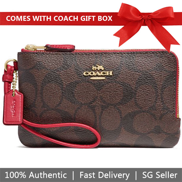 Coach Small Wristlet In Gift Box Double Corner Zip Wallet In Signature Coated Canvas Brown / True Red # F87591