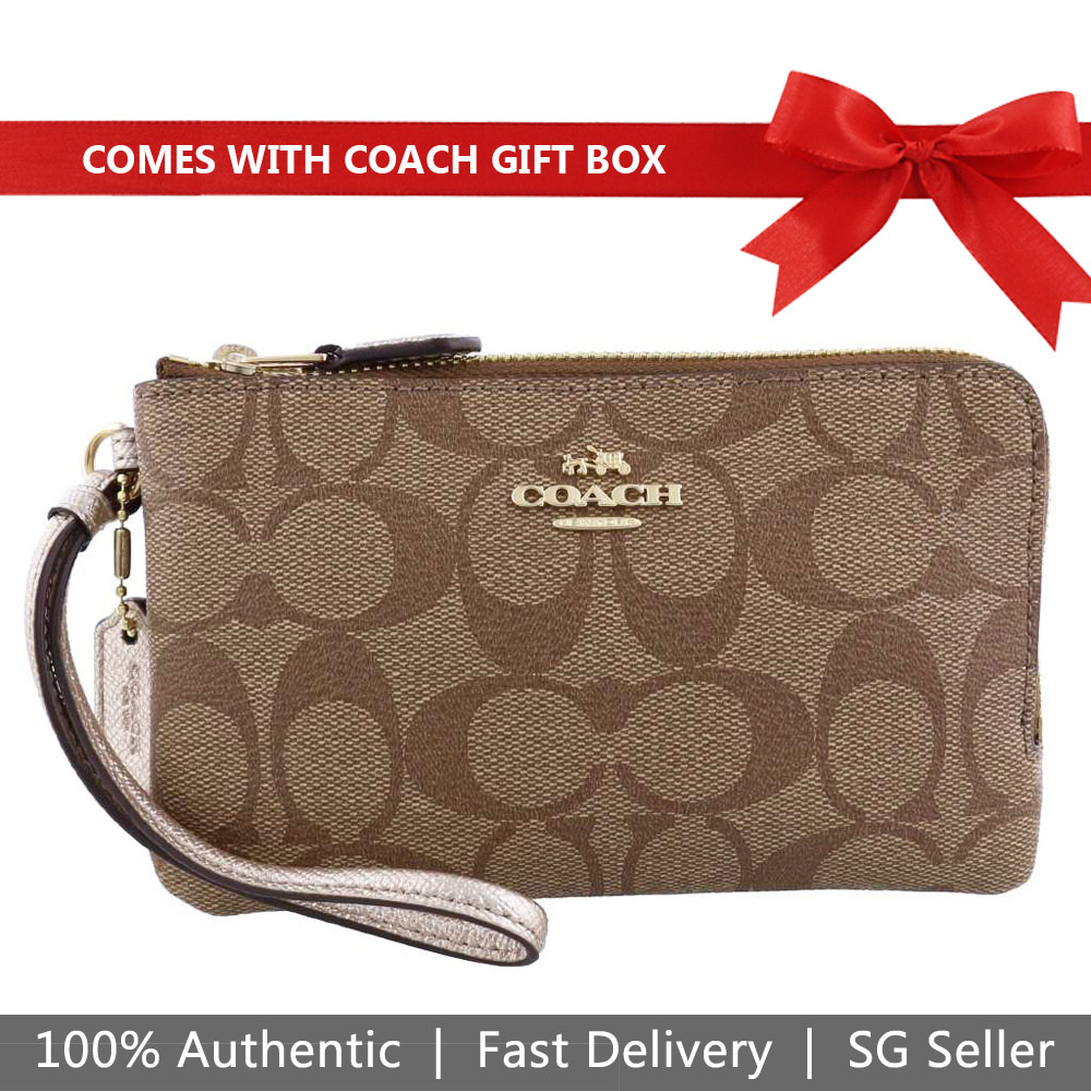 Coach Small Wristlet In Gift Box Double Corner Zip Wallet In Signature Coated Canvas Khaki / Platinum # F87591