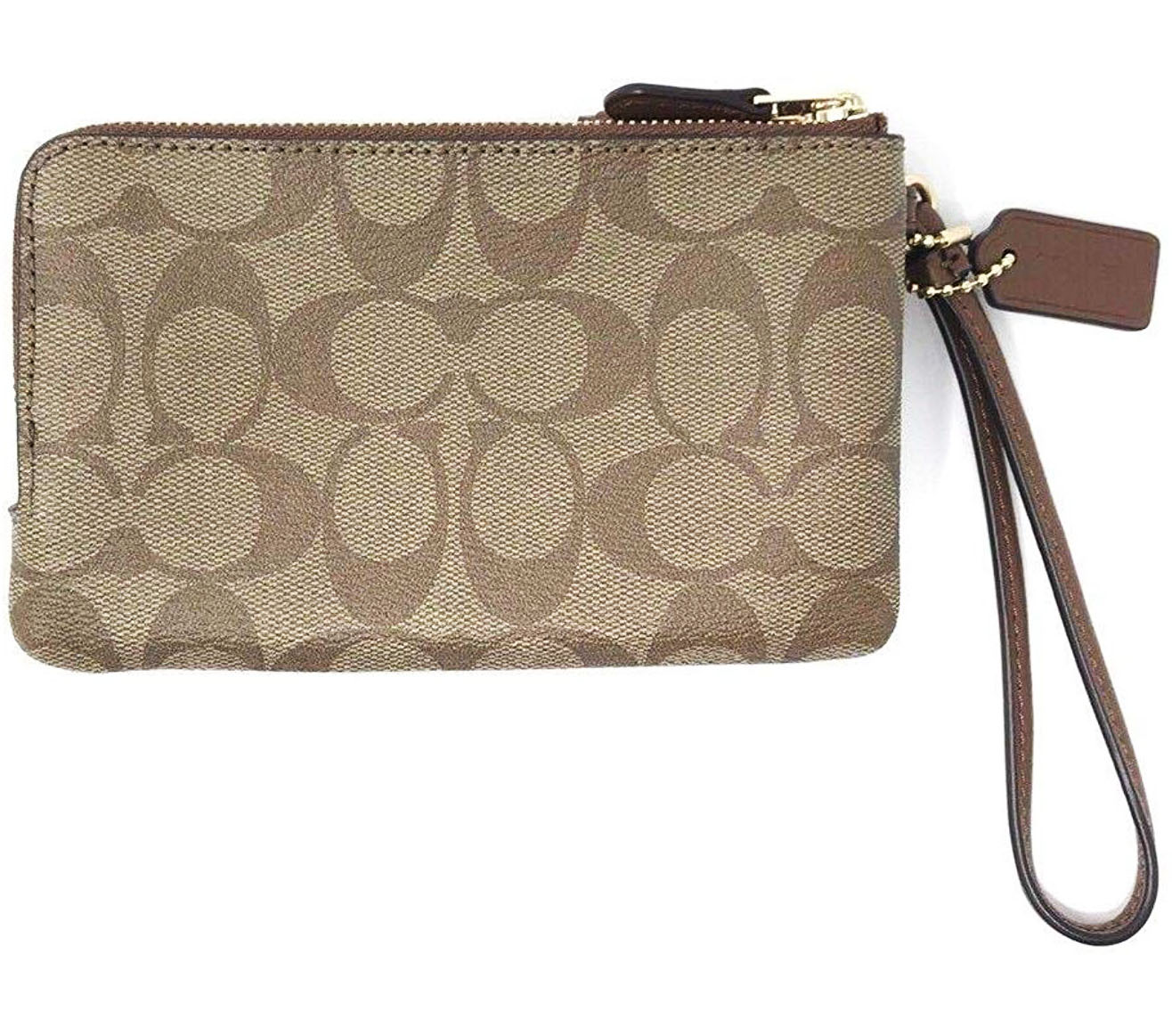 Coach Small Wristlet In Gift Box Double Corner Zip Wallet In Signature Coated Canvas Khaki / Saddle Brown # F87591
