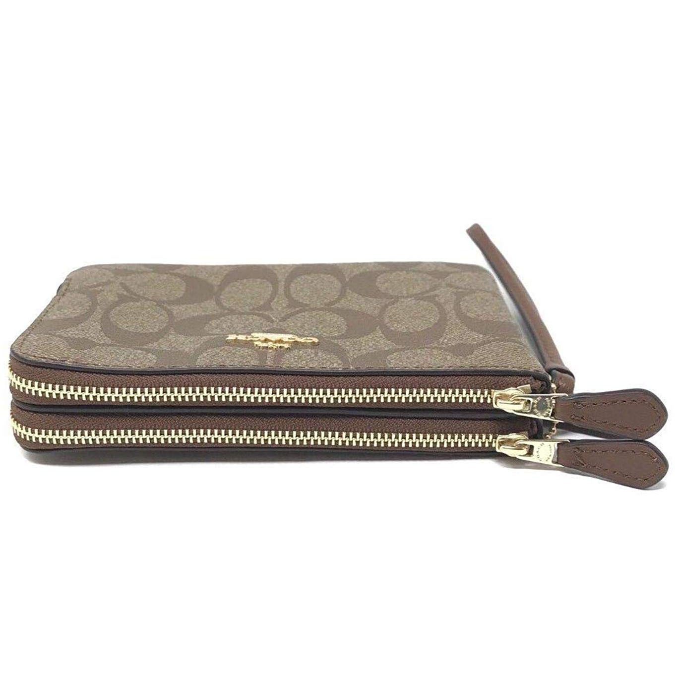 Coach Small Wristlet In Gift Box Double Corner Zip Wallet In Signature Coated Canvas Khaki / Saddle Brown # F87591