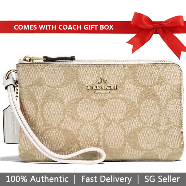 Coach Small Wristlet In Gift Box Double Corner Zip Wallet In Signature Coated Canvas Light Khaki / Chalk White # F87591