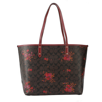 Coach Tote With Gift Bag Shoulder Bag Reversible City Tote In Signature Canvas With Floral Bundle Print Brown / Metallic Currant # F37807
