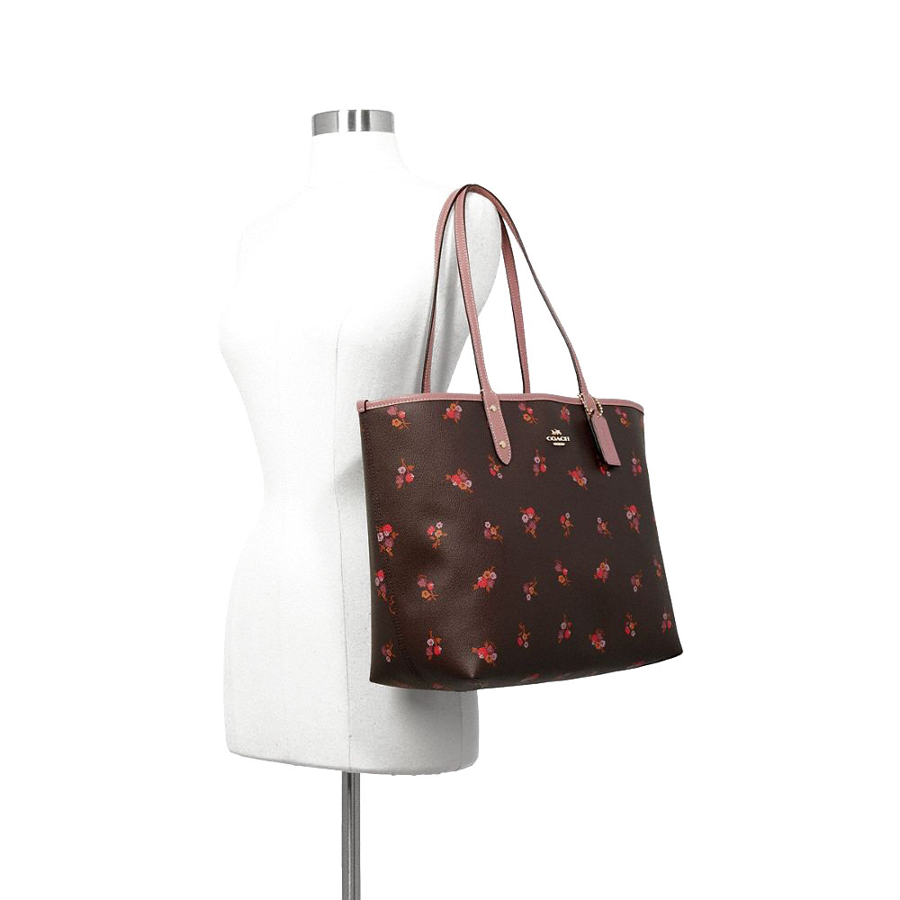 Coach Tote With Gift Bag Shoulder Bag Reversible City Tote With Baby Bouquet Print Oxblood Dark Red # F31995