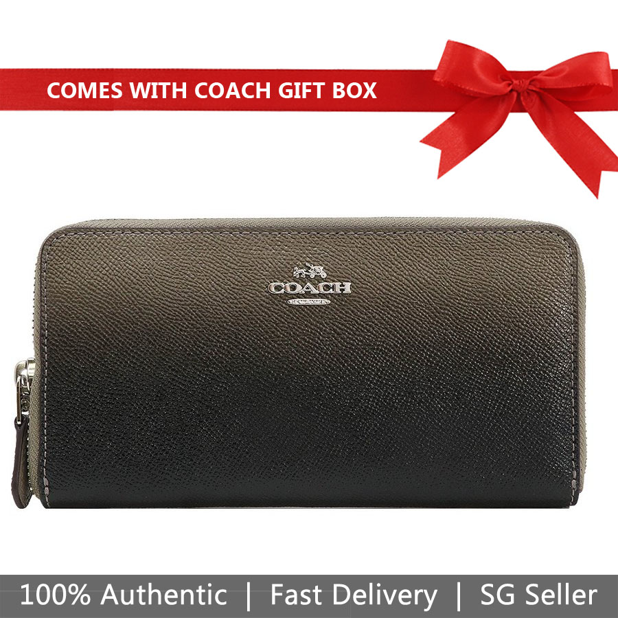 Coach Wallet In Gift Box Accordion Zip Wallet Black Grey Fog # F22808