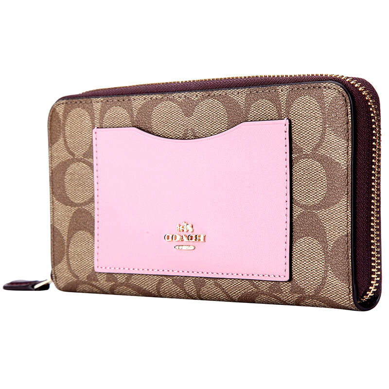 Coach Wallet In Gift Box Accordion Zip Wallet In Colorblock Signature Long Wallet Khaki / Oxblood # F57318