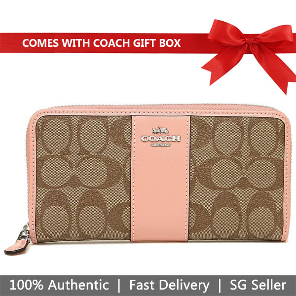 Coach Wallet In Gift Box Accordion Zip Wallet In Signature Canvas Khaki / Petal Pink # F54630