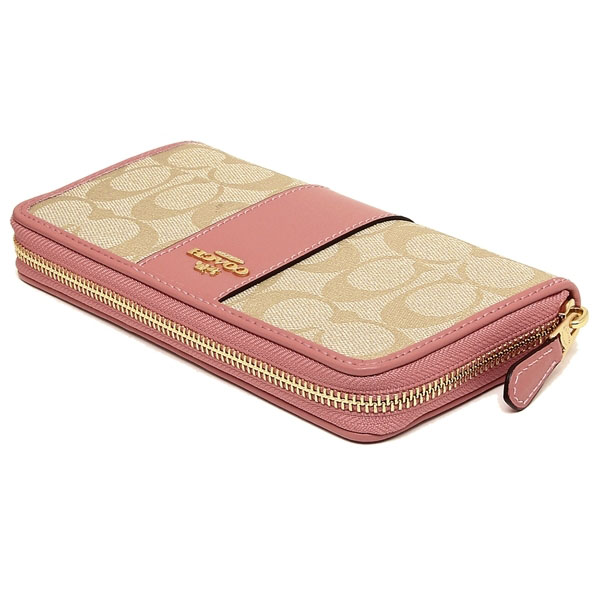 Coach Wallet In Gift Box Accordion Zip Wallet In Signature Canvas Light Khaki / Vintage Pink # F54630