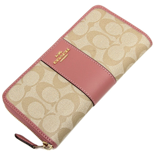 Coach Wallet In Gift Box Accordion Zip Wallet In Signature Canvas Light Khaki / Vintage Pink # F54630