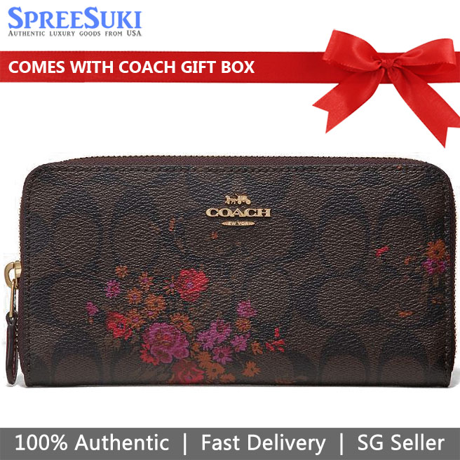 Coach Accordion Zip Wallet In Signature Canvas With Floral Bundle Print Brown / Metallic Current # F39156