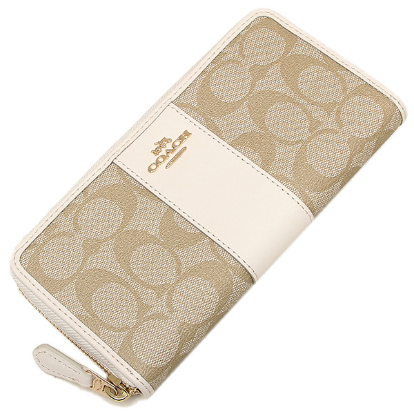 Coach Accordion Zip Wallet In Signature Coated Canvas With Leather Stripe Light Khaki / Chalk White # F54630