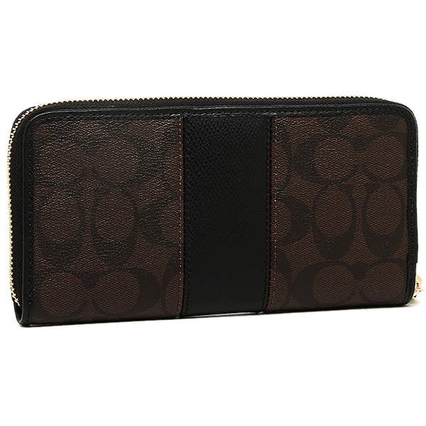 Coach Long Wallet Accordion Zip Wallet In Signature Coated Canvas With Leather Stripe Black / Brown # F54630