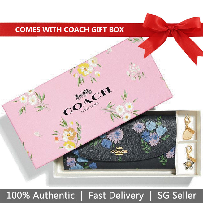 Coach Wallet In Gift Box Boxed Slim Envelope Wallet With Painted Peony Print Navy Dark Blue # F73352