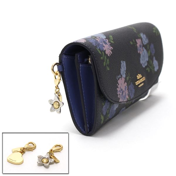 Coach Wallet In Gift Box Boxed Slim Envelope Wallet With Painted Peony Print Navy Dark Blue # F73352