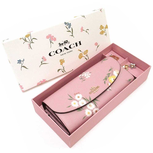 Coach Wallet In Gift Box Boxed Slim Envelope Wallet With Tossed Daisy Print Carnation Pink # F73015