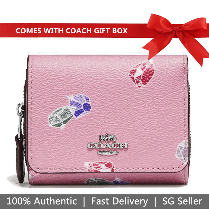 Coach Wallet In Gift Box Disney X Coach Small Trifold Wallet With Snow White Gems Print Tulip Purple # F73477