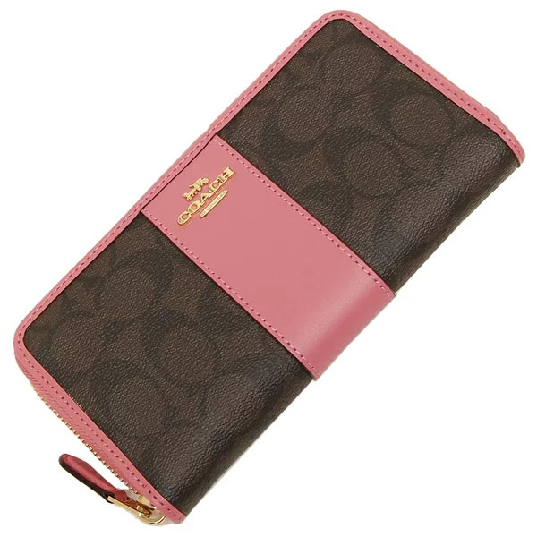 Coach Wallet In Gift Box Large Wallet Accordion Zip Wallet In Signature Canvas Brown / Pink # F54630