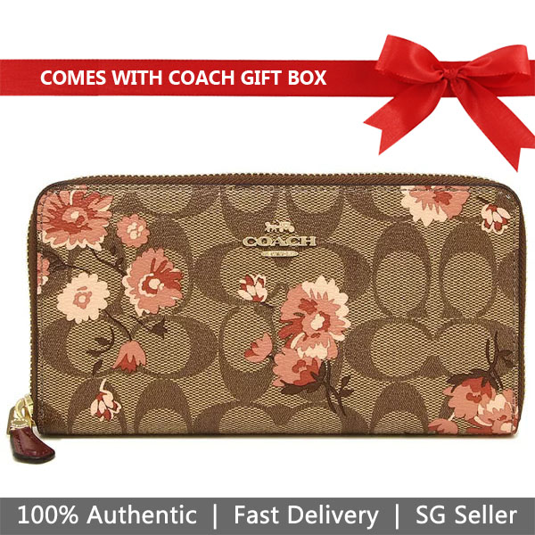 Coach Wallet In Gift Box Long Wallet Accordion Zip Wallet In Signature Canvas Prairie Daisy Cluster Print Khaki Coral # F78018