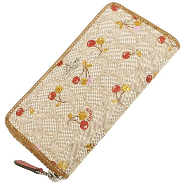 Coach Wallet In Gift Box Long Wallet Accordion Zip Wallet In Signature Jacquard With Cherry Print Light Khaki # F31563