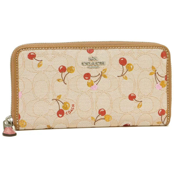 Coach Wallet In Gift Box Long Wallet Accordion Zip Wallet In Signature Jacquard With Cherry Print Light Khaki # F31563