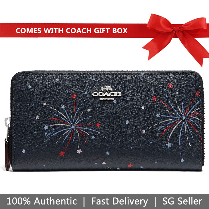 Coach Wallet In Gift Box Long Wallet Accordion Zip Wallet With Fireworks Print Navy Dark Blue # F73625