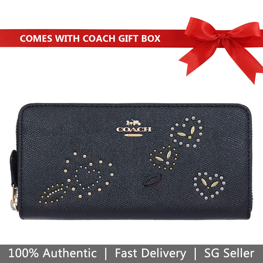 Coach Wallet In Gift Box Long Wallet Accordion Zip Wallet With Heart Bandana Rivets Black # F67495