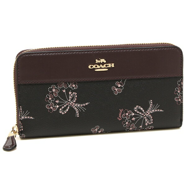 Coach Wallet In Gift Box Long Wallet Accordion Zip Wallet With Ribbon Bouquet Print Black / Pink # F76870