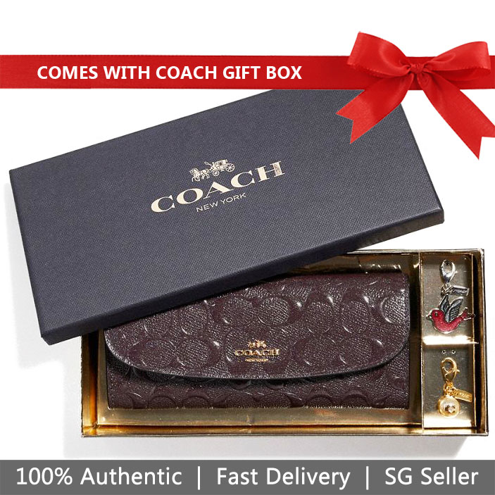 Coach Wallet In Gift Box Long Wallet Boxed Soft Wallet With Charms Oxblood Dark Red # F23397