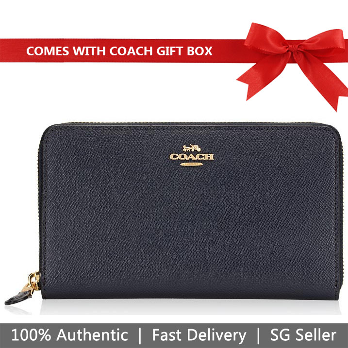 Coach Wallet In Gift Box Long Wallet Continental Zip Around Wallet Midnight Navy Dark Blue # F37544