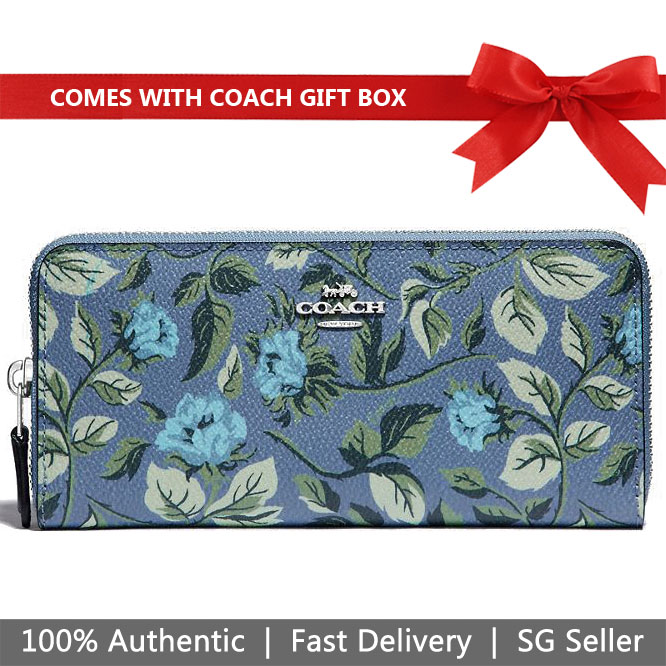 Coach Wallet In Gift Box Long Wallet Slim Accordion Zip Wallet With Sleeping Rose Print Blue Slate Sleeping Rose # 67984