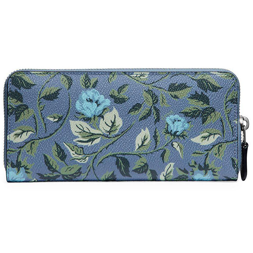 Coach Wallet In Gift Box Long Wallet Slim Accordion Zip Wallet With Sleeping Rose Print Blue Slate Sleeping Rose # 67984