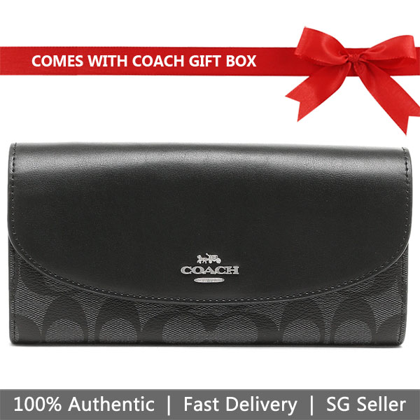 Coach Wallet In Gift Box Long Wallet Slim Envelope Wallet In Signature Canvas Black Smoke # F54022