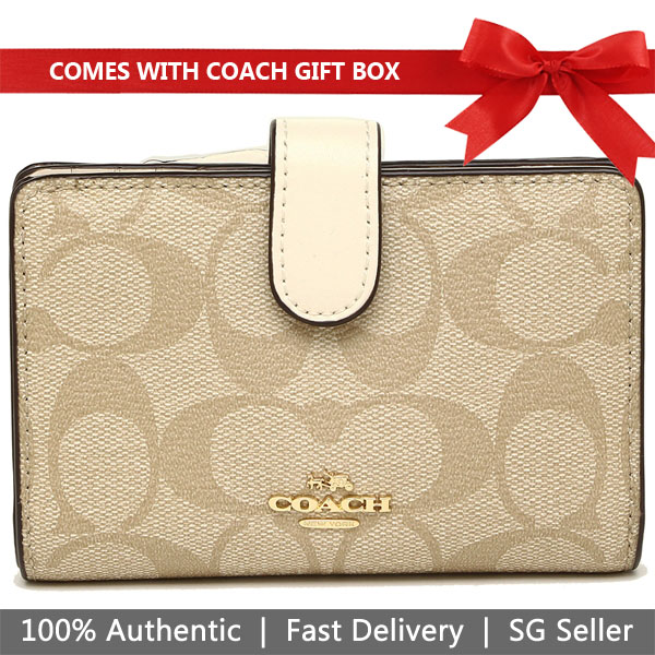 Coach Wallet In Gift Box Medium Corner Zip Wallet In Signature Canvas Medium Wallet Light Khaki / Chalk White # F23553