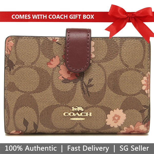 Coach Wallet In Gift Box Medium Wallet In Signature Canvas With Prairie Daisy Cluster Print Khaki / Coral # F78699