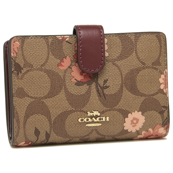 Coach Wallet In Gift Box Medium Wallet In Signature Canvas With Prairie Daisy Cluster Print Khaki / Coral # F78699