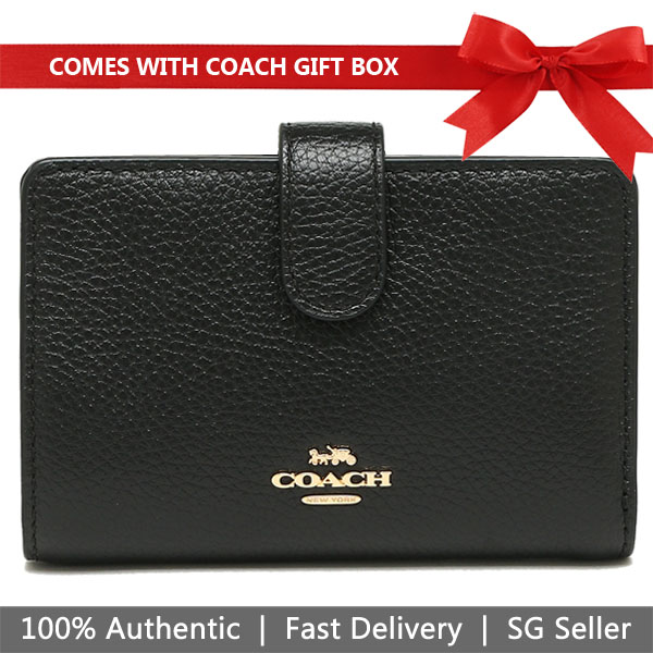 Coach Wallet In Gift Box Medium Wallet Medium Corner Zip Wallet In Pebble Leather Black # 68398E