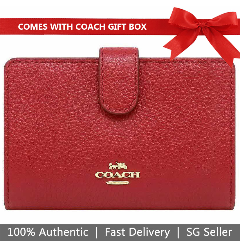 Coach Wallet In Gift Box Medium Wallet Medium Corner Zip Wallet In Pebble Leather True Red # 68398E