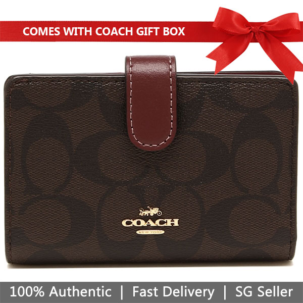 Coach Wallet In Gift Box Medium Wallet Medium Corner Zip Wallet In Signature Canvas Brown / Wine # F23553
