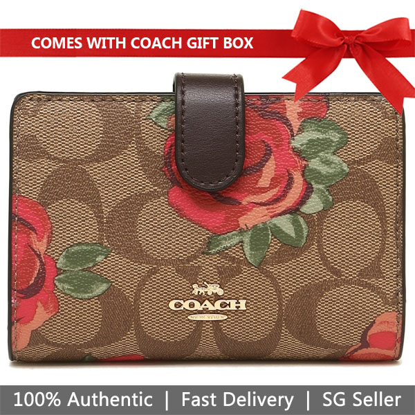 Coach Wallet In Gift Box Medium Wallet Medium Corner Zip Wallet In Signature Canvas With Floral Print Khaki / Oxblood # F39190