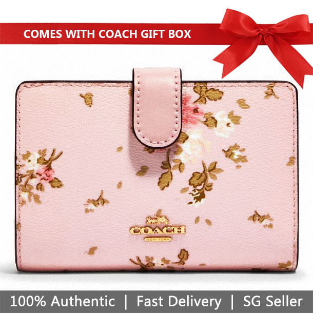 Coach Wallet In Gift Box Medium Wallet Medium Corner Zip Wallet With Rose Bouquet Print Blossom Pink # 91750