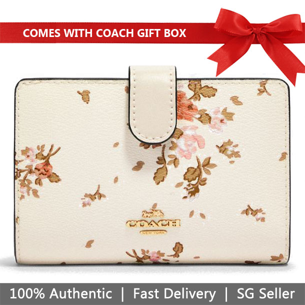 Coach Wallet In Gift Box Medium Wallet Medium Corner Zip Wallet With Rose Bouquet Print Chalk Off White # 91750