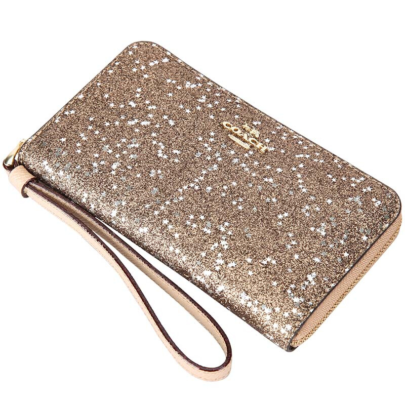 Coach Wallet In Gift Box Phone Wallet With Star Glitter Print Wristlet Gold # F23448