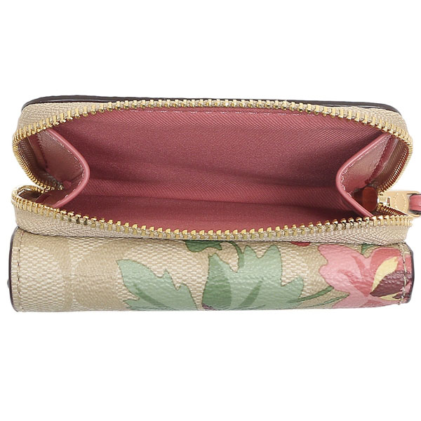 Coach Wallet In Gift Box Small Trifold Wallet In Signature Canvas With Lily Print Small Wallet Light Khaki / Pink # F75922