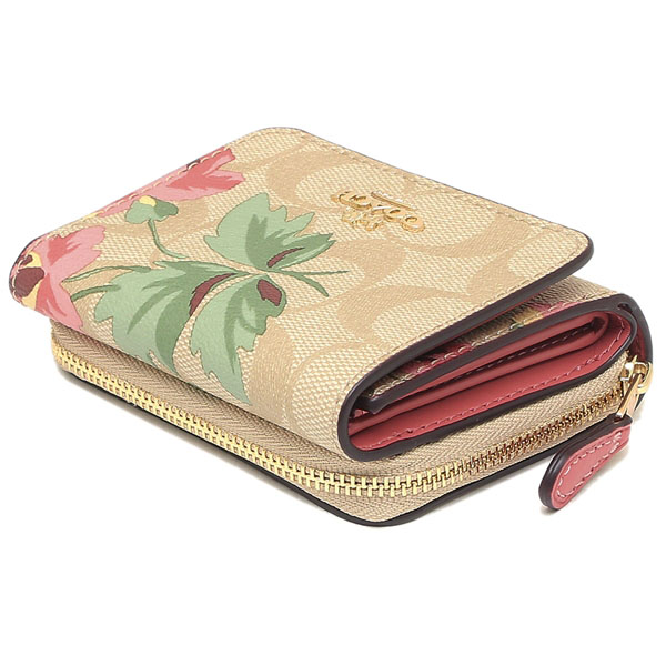 Coach Wallet In Gift Box Small Trifold Wallet In Signature Canvas With Lily Print Small Wallet Light Khaki / Pink # F75922