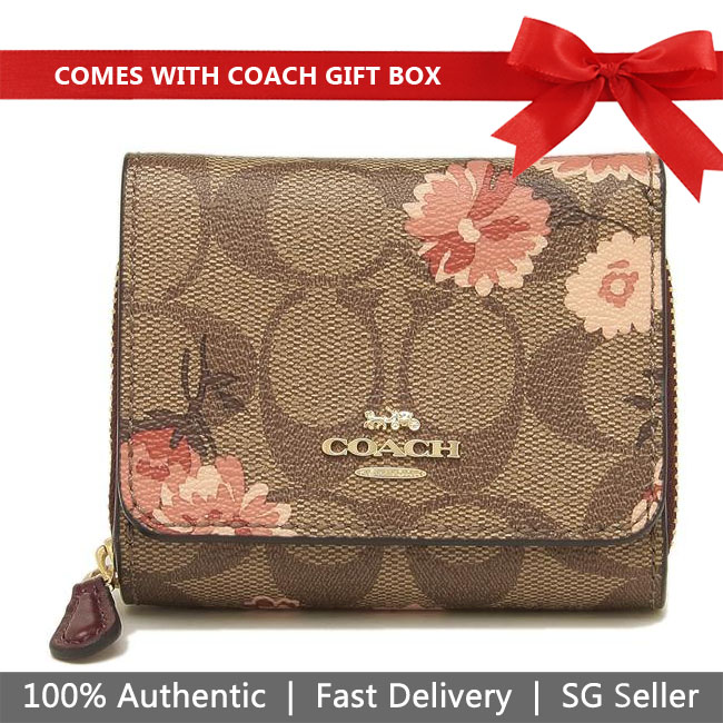 Coach Wallet In Gift Box Small Trifold Wallet In Signature Canvas With Prairie Daisy Print Small Wallet Khaki / Coral # F78022
