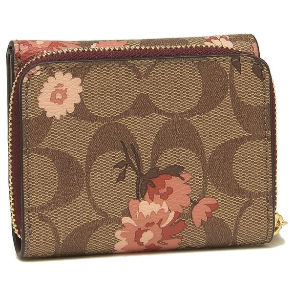 Coach Wallet In Gift Box Small Trifold Wallet In Signature Canvas With Prairie Daisy Print Small Wallet Khaki / Coral # F78022