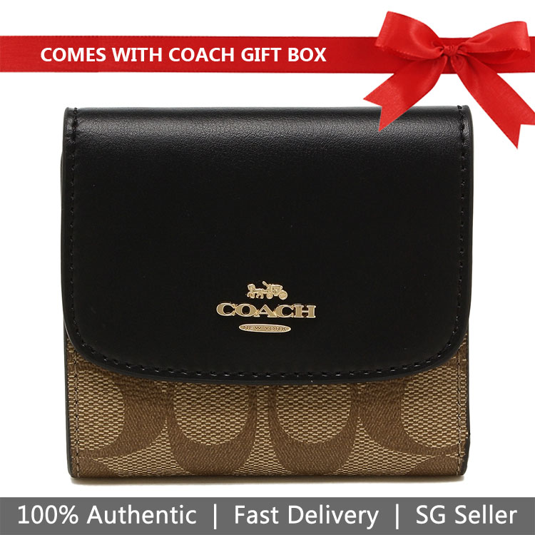 Coach Wallet In Gift Box Small Wallet In Signature Canvas Khaki / Black # F87589