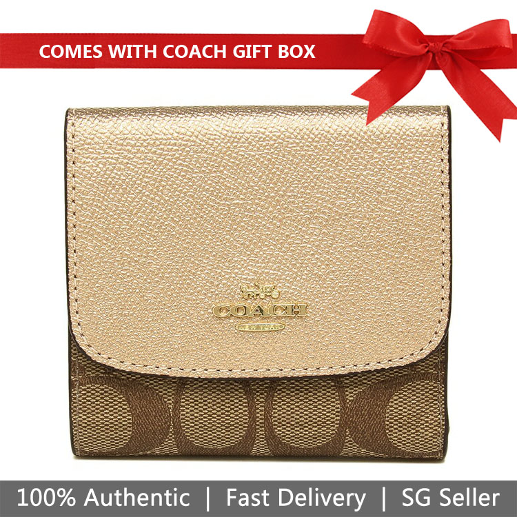 Coach Wallet In Gift Box Small Wallet In Signature Canvas Khaki / Rose Gold # F87589