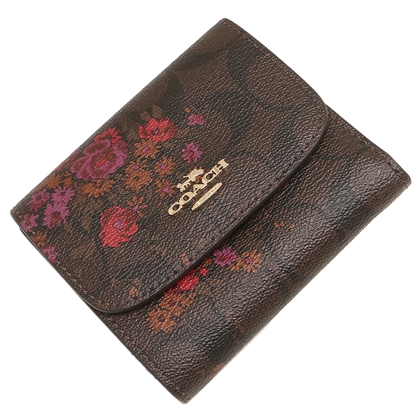 Coach Wallet In Gift Box Small Wallet In Signature Canvas With Floral Bundle Print Brown / Metallic Currant # F39157